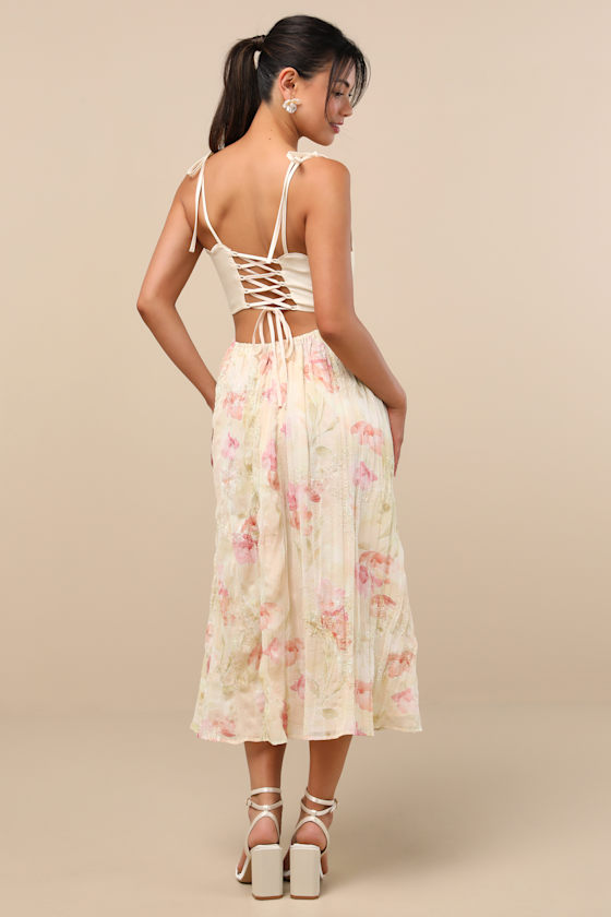 Lulus Rosalee Ivory Floral Mixed Media Midi Dress