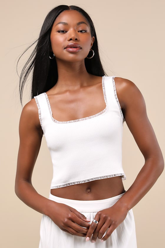 Josepha White Ribbed Knit Ruffled Crop Tank Top 1
