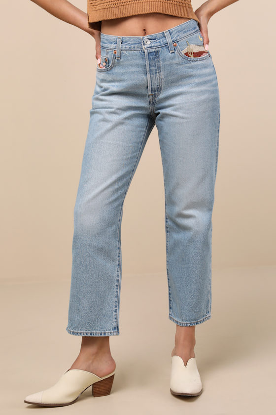 Levi's 501 90's Ankle Light Wash Embroidered Straight Leg Jeans