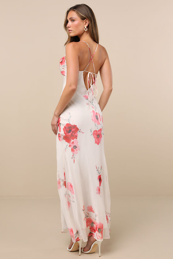 Lulus Dansy Light Beige Floral Cowl Neck Tie-back Maxi Dress