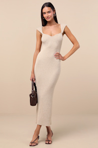 Chiara Beige Ribbed Knit Cap Sleeve Midi Dress 1
