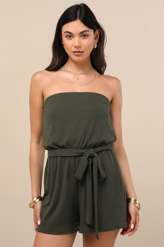 Leisurely Moments Dark Olive Ribbed Knit Strapless Lounge Romper 1