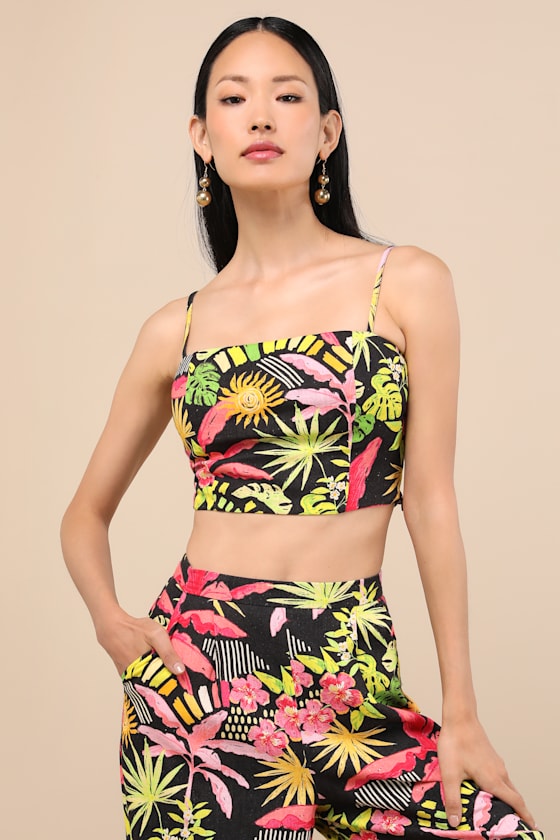Lulus Matira Black Multi Tropical Print Cami Top