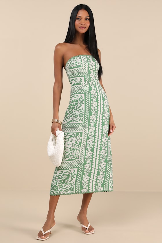 Brigita Green Floral Strapless Column Midi Dress