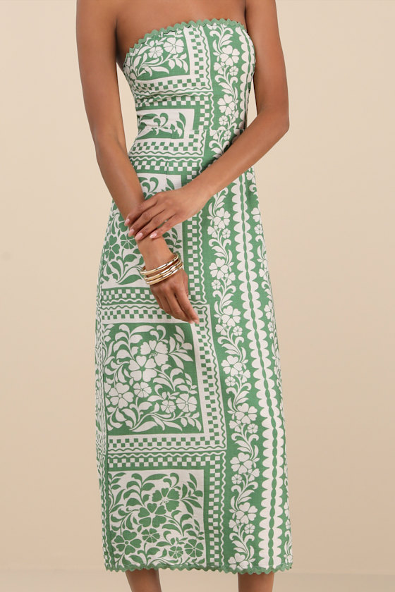 Lulus Brigita Green Floral Strapless Column Midi Dress In Green