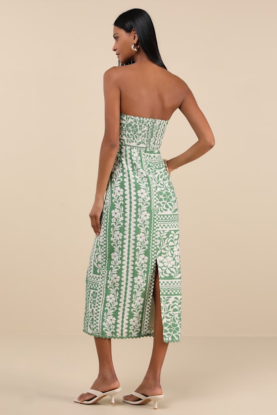 Lulus Brigita Green Floral Strapless Column Midi Dress In Green
