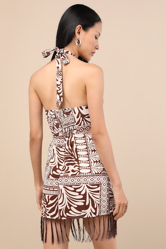 Lulus Nahia Brown Boho Print Fringe Faux-wrap Halter Mini Dress