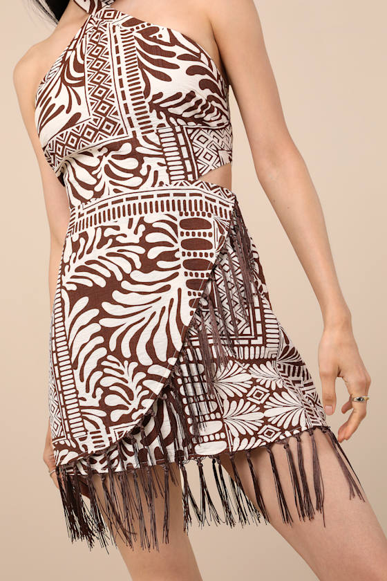 Lulus Nahia Brown Boho Print Fringe Faux-wrap Halter Mini Dress