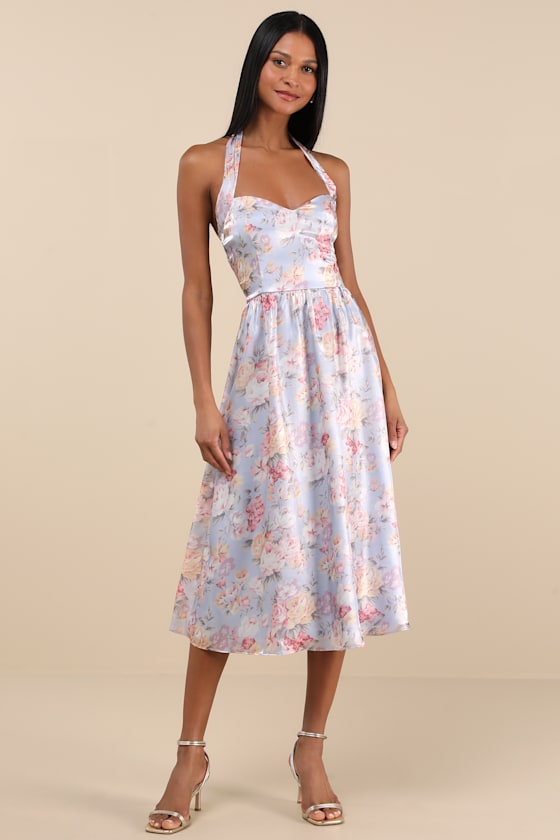 Briselda Light Blue Floral Organza Halter Midi Dress 1