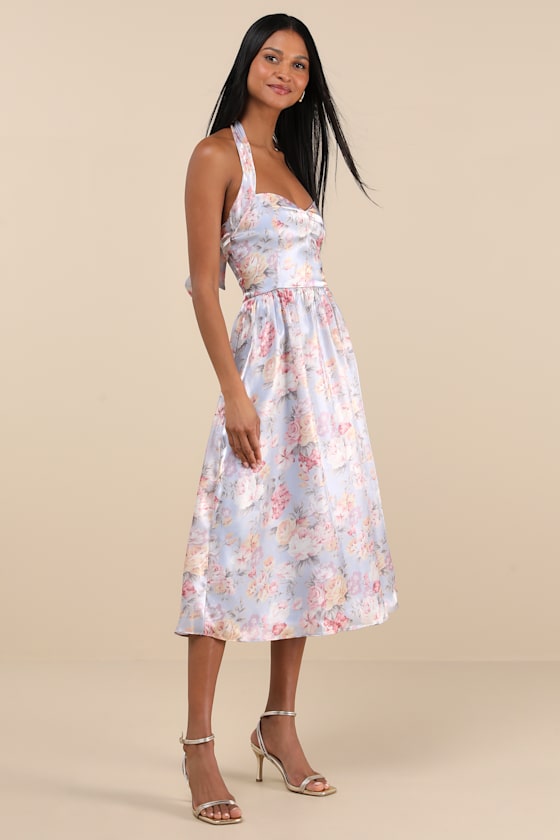 Briselda Light Blue Floral Organza Halter Midi Dress 2