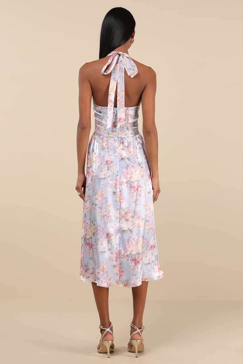 Briselda Light Blue Floral Organza Halter Midi Dress