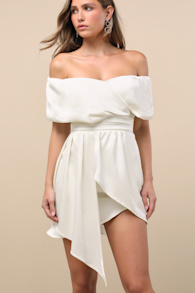 Always Celebrating Ivory Satin Off-the-Shoulder Mini Dress