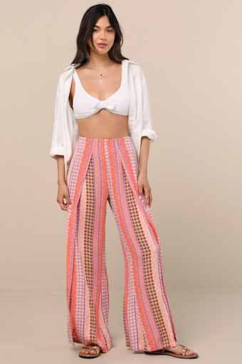 Split Spirit Multi Boho Print Wide-Leg Slit-Front Pants 1