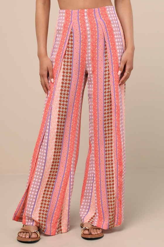 Split Spirit Multi Boho Print Wide-Leg Slit-Front Pants 2