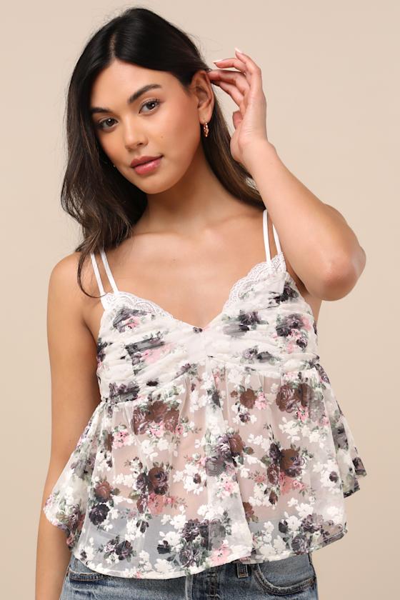 Lulus Alinor White Floral Sheer Babydoll Tank Top In Pattern