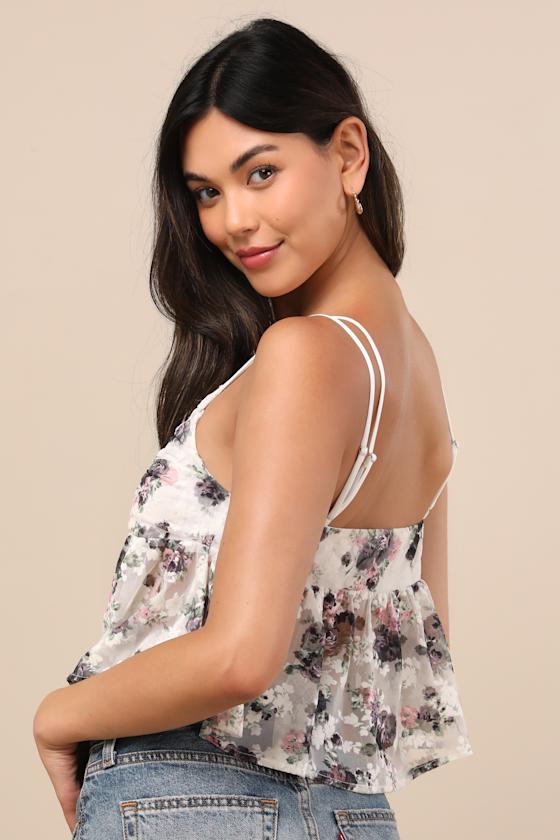 Lulus Alinor White Floral Sheer Babydoll Tank Top In Pattern