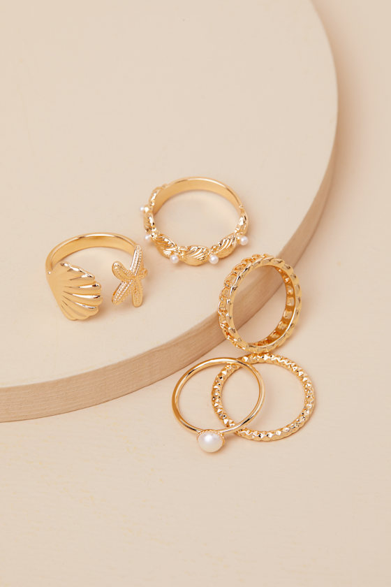 LULUS SUNNA GOLD PEARL FIVE-PIECE RING SET