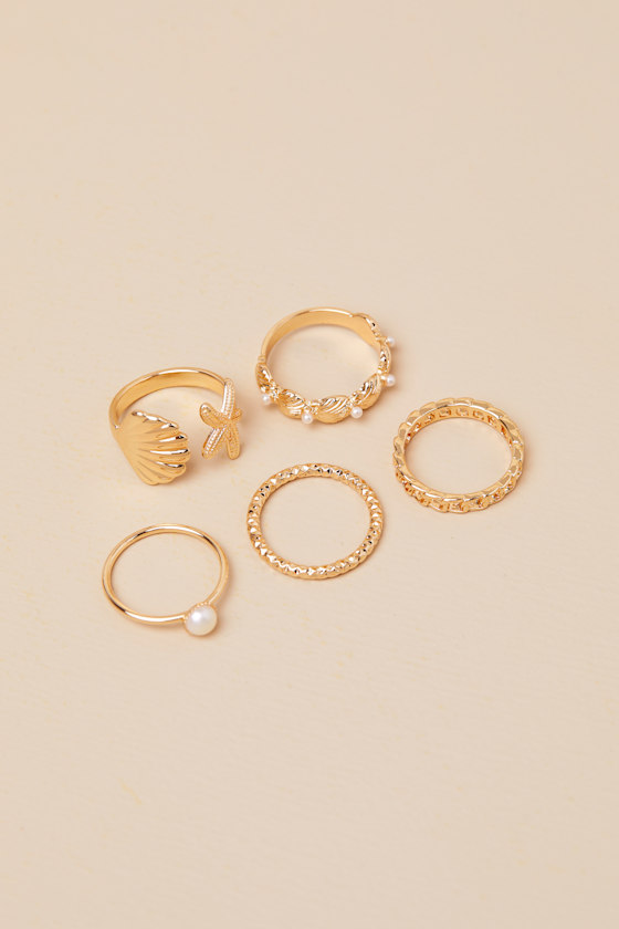 LULUS SUNNA GOLD PEARL FIVE-PIECE RING SET