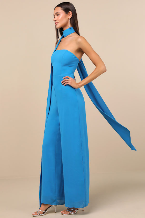 Lulus Kavina Bright Blue Wide-leg Jumpsuit And Scarf Set In Blue
