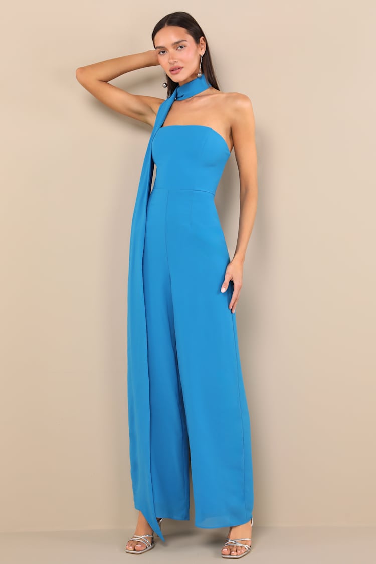 Kavina Bright Blue Wide-Leg Jumpsuit and Scarf Set