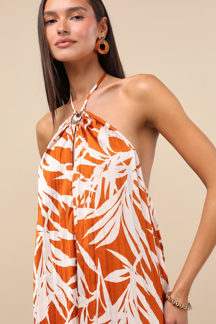 Kalena Orange Tropical Print Pleated Halter Maxi Dress