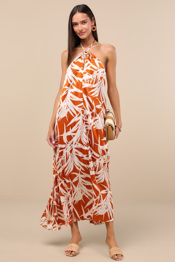 Kalena Orange Tropical Print Pleated Halter Maxi Dress