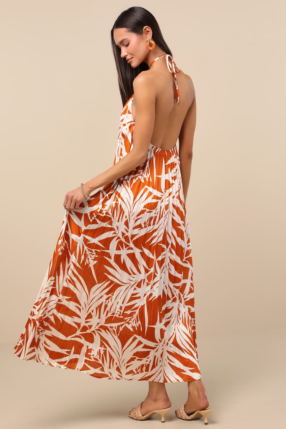 Kalena Orange Tropical Print Pleated Halter Maxi Dress