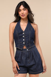 Jacquette Dark Wash Denim Pleated Halter Vest Romper 1