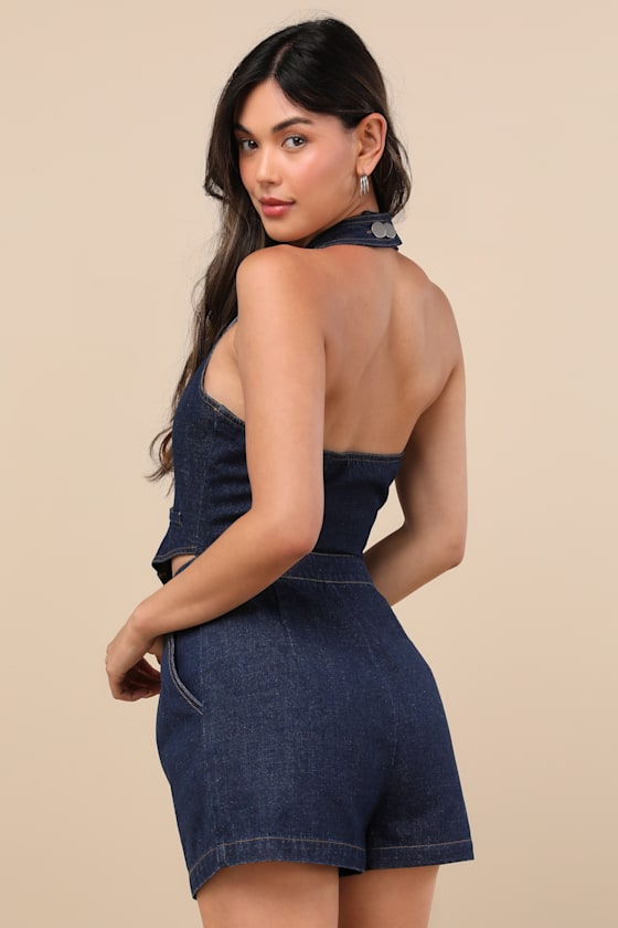 Jacquette Dark Wash Denim Pleated Halter Vest Romper 2