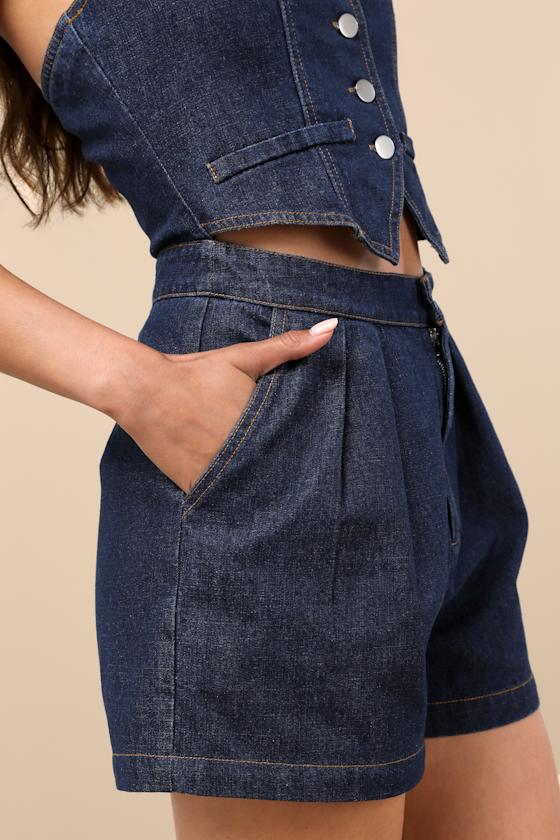 Lulus Jacquette Dark Wash Denim Pleated Halter Vest Romper