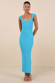 Chiara Turquoise Ribbed Knit Cap Sleeve Midi Dress 1