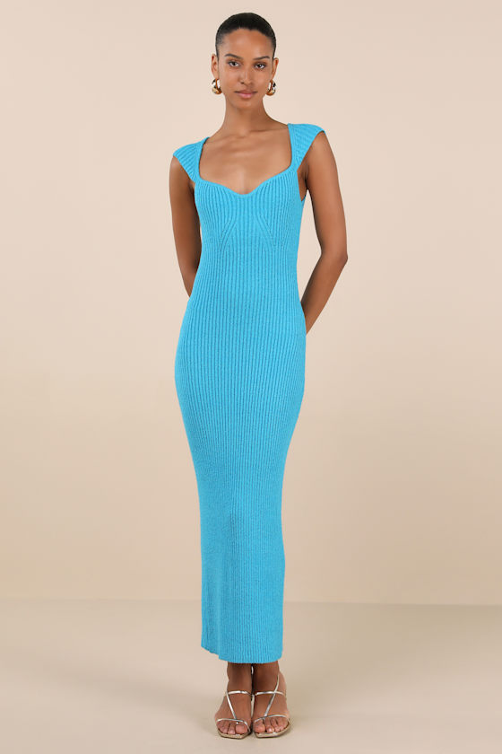 Chiara Turquoise Ribbed Knit Cap Sleeve Midi Dress 1
