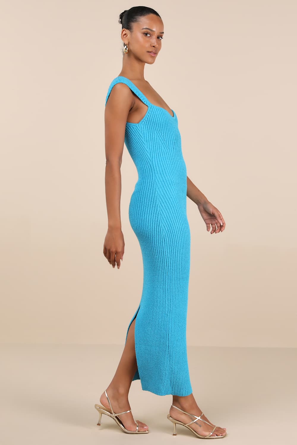 Chiara Turquoise Ribbed Knit Cap Sleeve Midi Dress