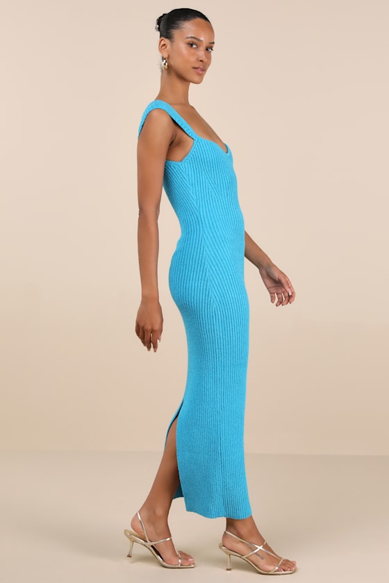 Chiara Turquoise Ribbed Knit Cap Sleeve Midi Dress