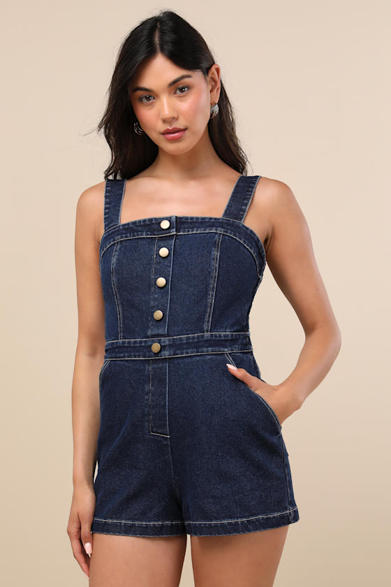 Lulus Thema Dark Wash Denim Button-front Romper