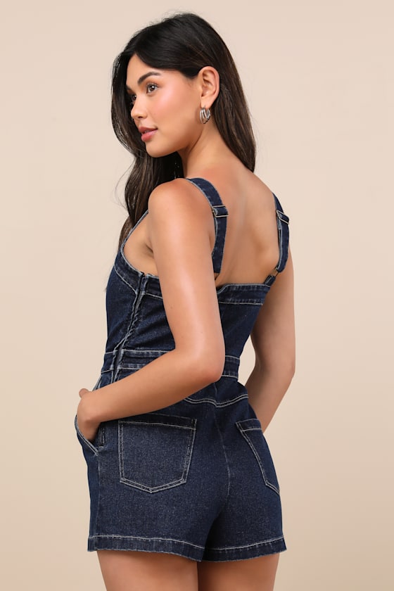 Lulus Thema Dark Wash Denim Button-front Romper