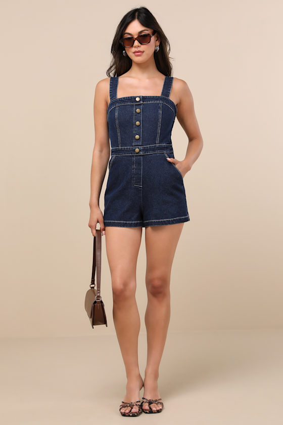 Lulus Thema Dark Wash Denim Button-front Romper