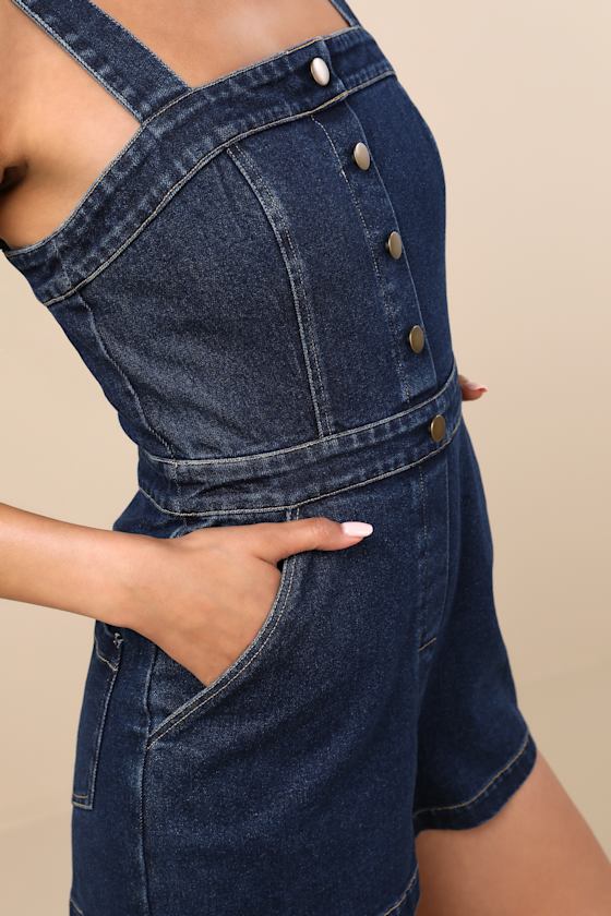Lulus Thema Dark Wash Denim Button-front Romper