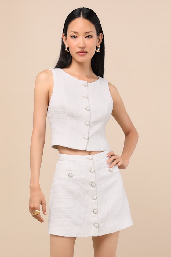 Lulus Monique White Tweed Button-front Mini Skirt