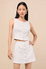 Monique White Tweed Button-Front Mini Skirt 1