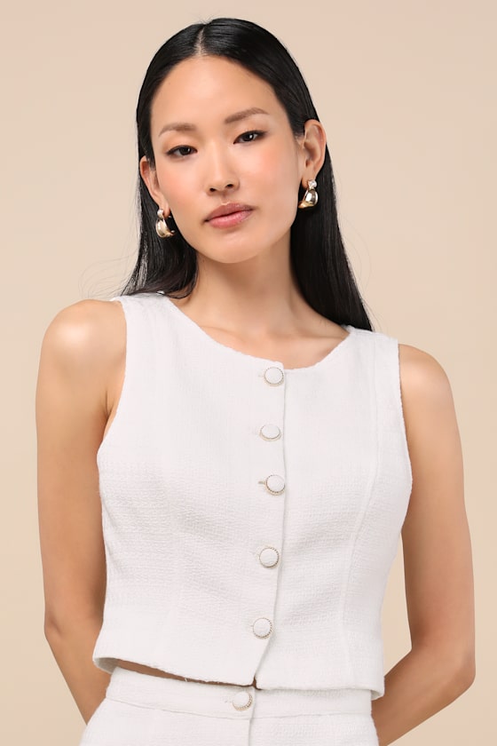 Monique White Tweed Button-Up Vest Top 4