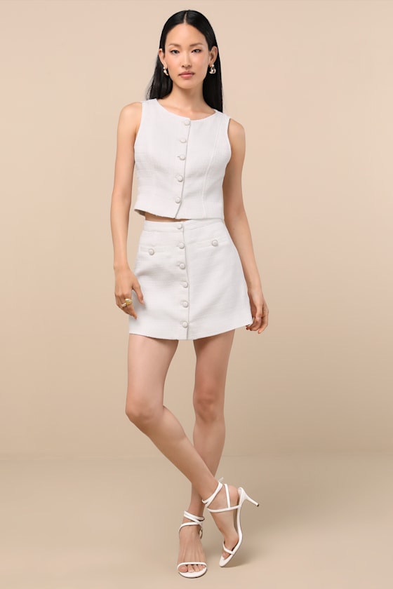Lulus Monique White Tweed Button-up Vest Top