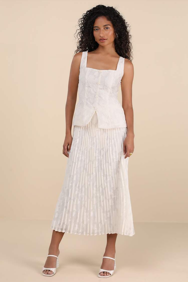 Cream Burnout Dress - 2-PC Midi Dress - Sleeveless Pleated Dress - Lulus