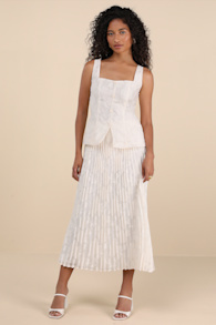 Alyona Cream Burnout Two-Piece Pleated Midi Dress 1
