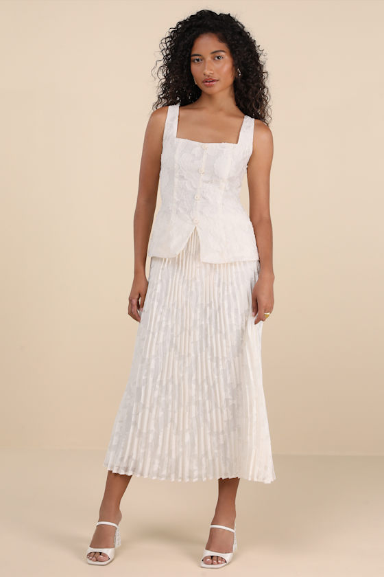 Alyona Cream Burnout Two-Piece Pleated Midi Dress 1