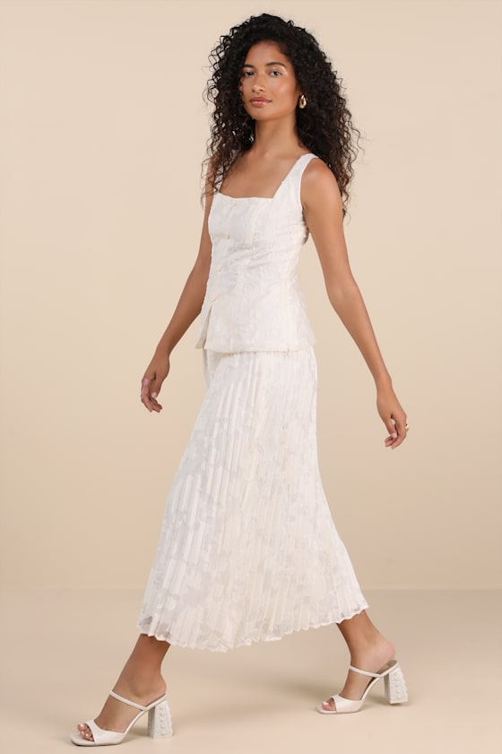 Lulus Alyona Cream Burnout Two-piece Pleated Midi Dress