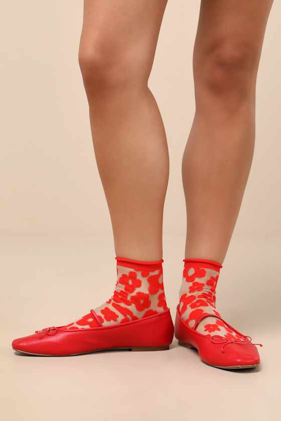 Pop Red Sheer Floral Socks 1