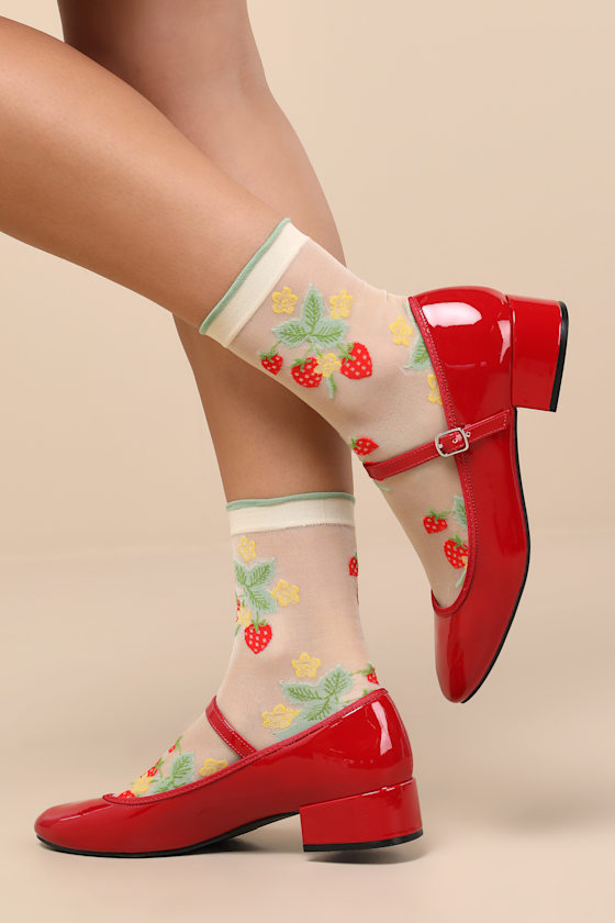 Wild Strawberry Beige and Green Sheer Embroidered Socks 1