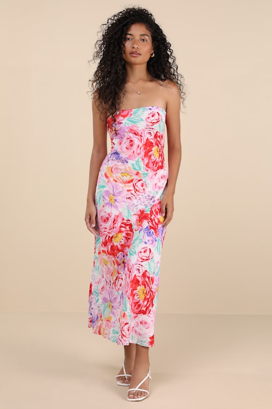 Lulus Jianna Ivory Multi Floral Satin Strapless Cowl Back Maxi Dress In Multi