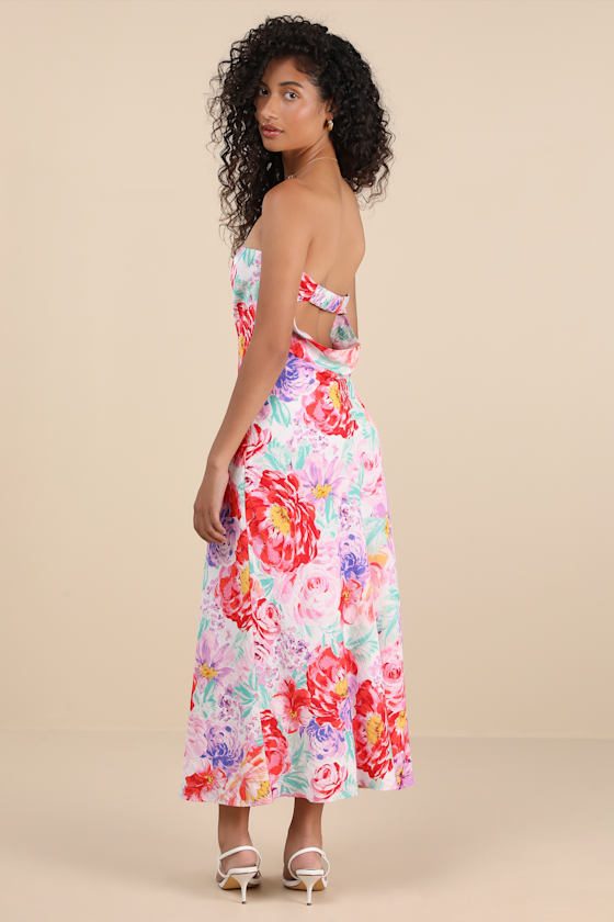 Jianna Ivory Multi Floral Satin Strapless Cowl Back Maxi Dress 1